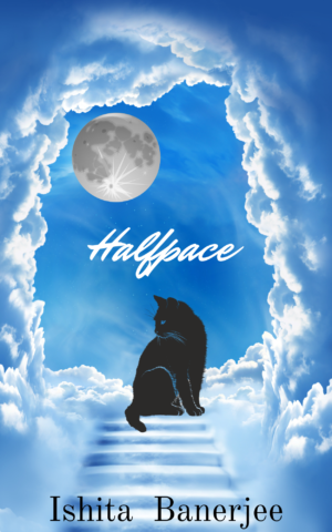 Halfpace cover. A Cat sitting on a staircase with clouds and blue backdrop. A full moon.