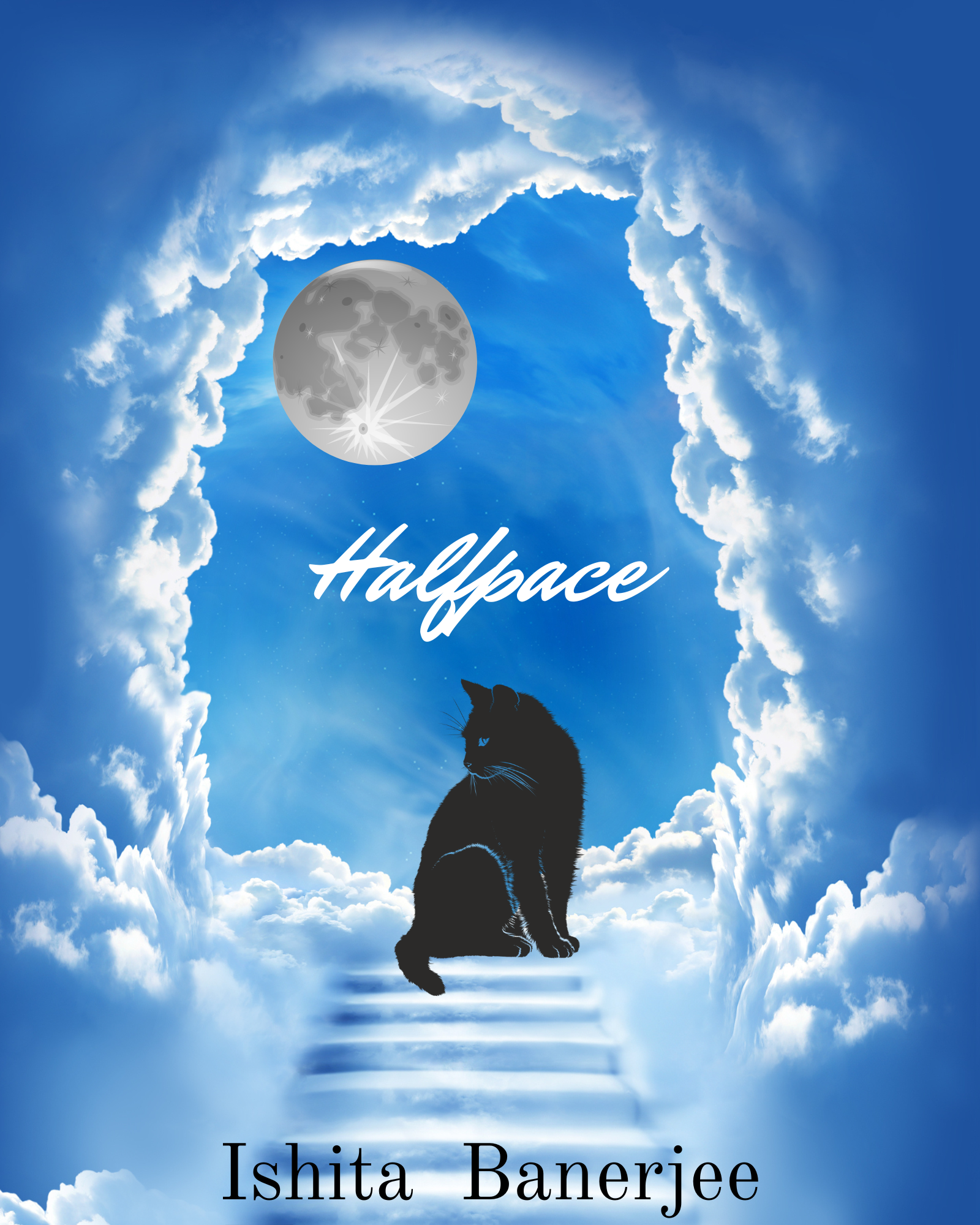 Halfpace cover. A Cat sitting on a staircase with clouds and blue backdrop. A full moon.