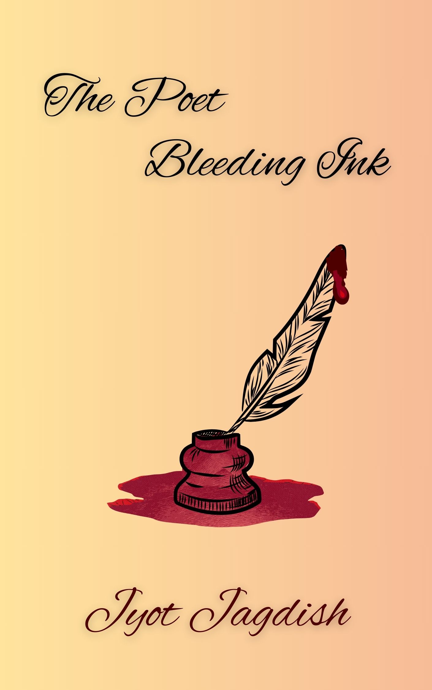 The cover of The Poet Bleeding Ink. It is beige in color with an red ink pot drawn on it alongside the names of the book and the author.