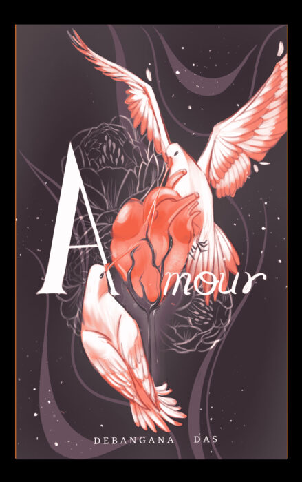 The front cover of Amour. Shows two birds and a heart.